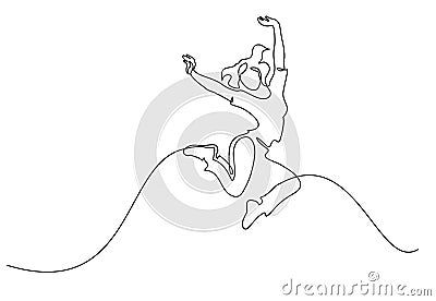 Happy jumping woman. Continuous one line drawing Vector Illustration