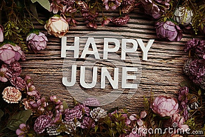 Happy June alphabet letters with flowers frame on wooden background Stock Photo