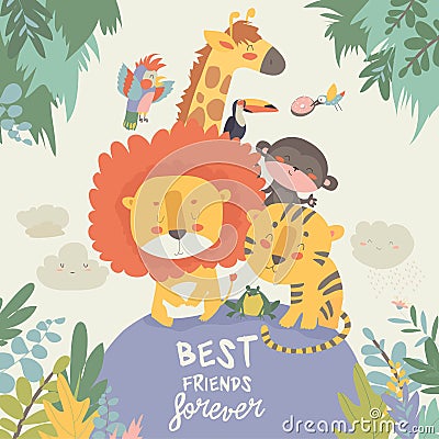 Happy jungle animals. Best friends Vector Illustration