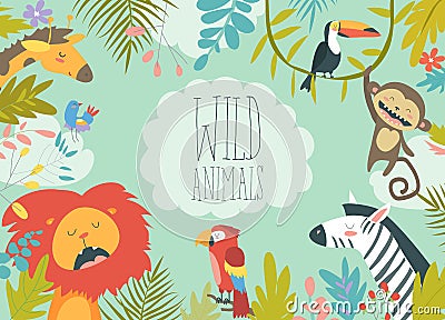 Happy jungle animals creating a framed background Vector Illustration