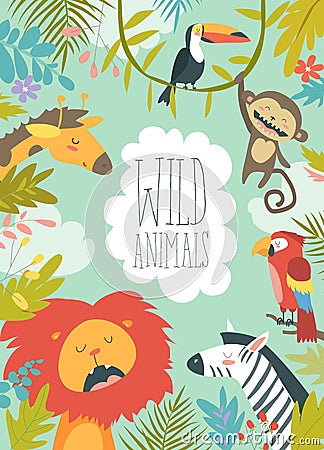 Happy jungle animals creating a framed background Vector Illustration