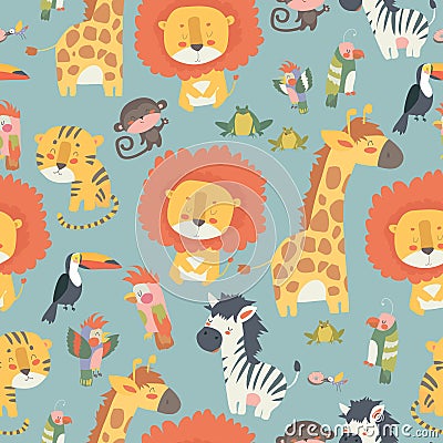 Happy jungle animals seamless pattern Vector Illustration