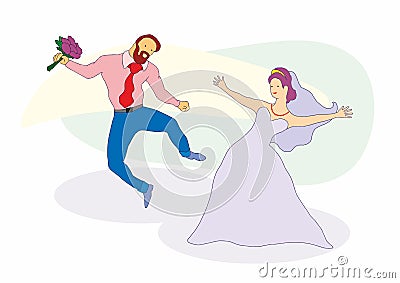 Happy just married young couple celebrating and have fun. Wedding celebration. Vector Illustration