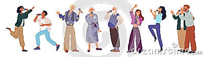 Happy karaoke singers. Cartoon people sing songs. Cute vocalists hold microphones in hands. Professionals and amateurs Vector Illustration