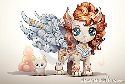 Happy kawaii creature Felicity the Pegasus, unicorn, white background illustration generative ai Cartoon Illustration