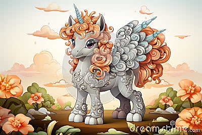 Happy kawaii creature Felicity the Pegasus, unicorn, white background illustration generative ai Cartoon Illustration