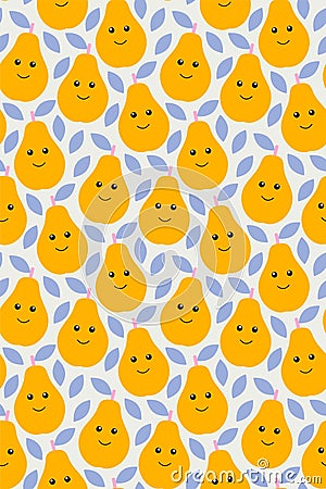 Happy kawaii fruits prints for kids. Cute seamless pattern with smiley pears in cartoon style. Ornament with smiling Vector Illustration