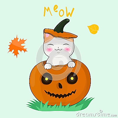 Happy kawaii kitten sitting in a halloween pumpkin. Postcard, sticker, print on t-shirt and much more. Vectonic picture Stock Photo
