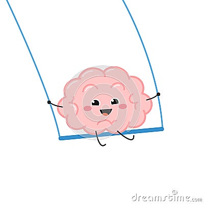 Happy kawaii laughing brain character on swing Vector Illustration
