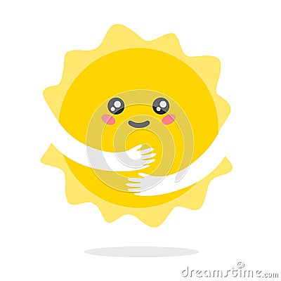 Happy kawaii sun cartoon. Joyful yellow sun hugs itself funny hot vacation smile hot warm. Vector Illustration