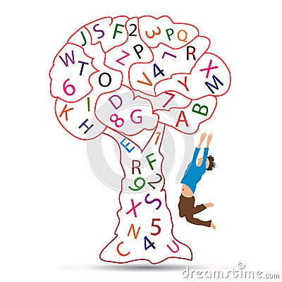 Happy kid with alphabet tree Vector Illustration