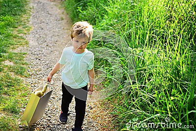 Happy kid in blooming nature. Little boy child in green forest. Small child with toy in shopping bag. summer. Childhood Stock Photo