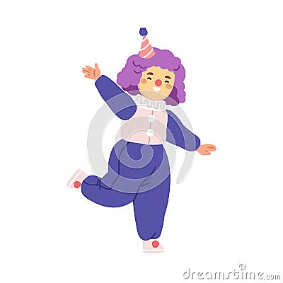 Happy kid clown disguised in funny costume for holiday carnival. Cute laughing child wearing party cap and clothes Vector Illustration