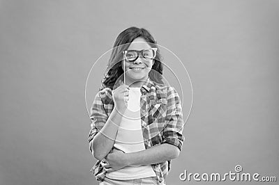 Happy kid in funny party glasses. school girl having fun. childhood happiness. child in good and positive mood. looking Stock Photo