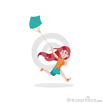 Happy kid girl character running with blue kite. Young girl having fun outdoors. Vector flat style cartoon illustration Vector Illustration