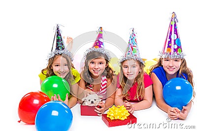 Happy kid girls puppy dog gift in birthday party Stock Photo