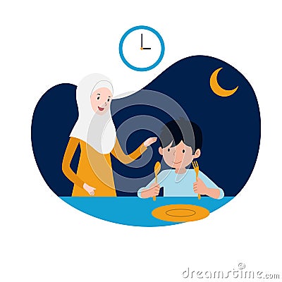 Happy kid and his mother ready for sahur or pre-dawn meal before start fasting vector illustration. family ramadan activity Vector Illustration