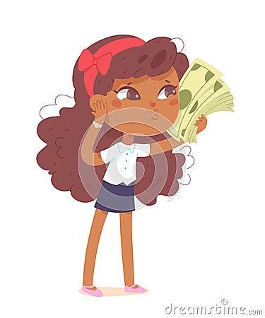 Happy kid holding money, cute rich girl with bunch of cash dollars, green banknotes Vector Illustration