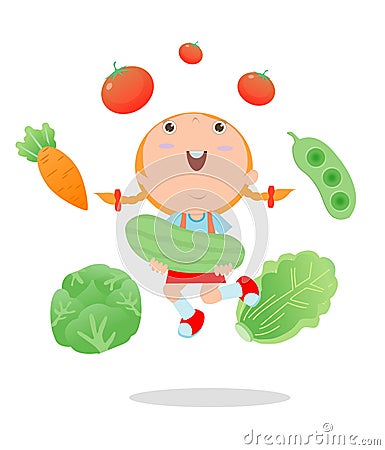 Happy kid holding smiling live vegetables, Children and vegetables, Healthy children food concept, Happy kids holding jumping vege Vector Illustration