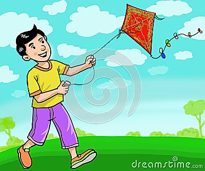 Happy Kid play kite in the field near park Stock Photo