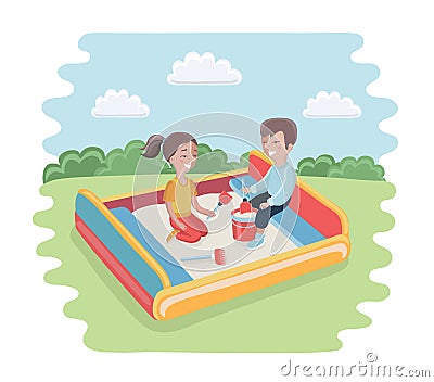 Happy kid playing in sandbox adorable cheerful little character Vector Illustration