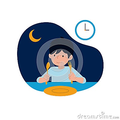 A happy kid ready for sahur or pre-dawn meal before start fasting vector illustration with night scene background. children`s Vector Illustration