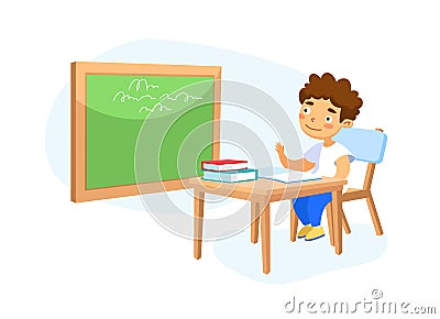 Happy Kid School Boy Sitting at Desk in Classroom Studying, Schoolboy Character Raising Hand to Answer Lesson Vector Illustration