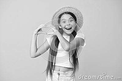 Happy kid show heart gesture. she love summer vacation. spring fashion for kids. childhood happiness. cheerful little Stock Photo