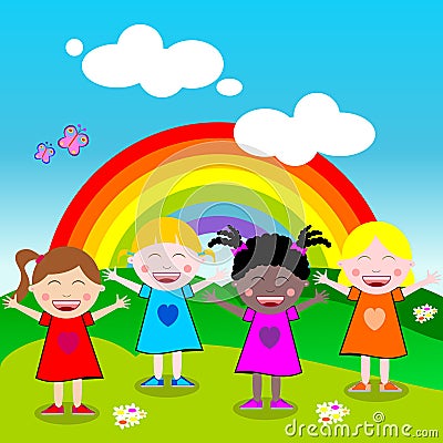 Happy Little Girls with Open Arms Outdoor Vector Illustration