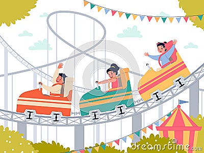 Happy kids in amusement park. Smiling children have fun on roller coaster, cute little boys and girls on ride Cartoon Illustration