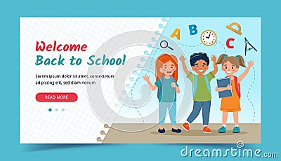 Happy kids, back to school concept. Banner or landing page template. Vector illustration in flat style Vector Illustration