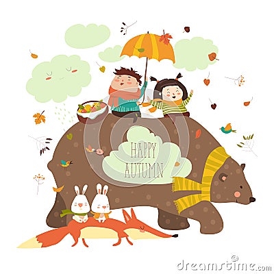 Happy kids with bear and fox Vector Illustration