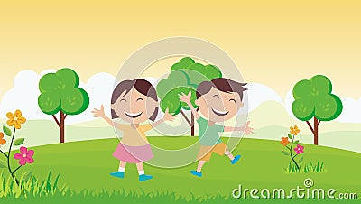 Happy Kids with beautiful landscape Stock Photo