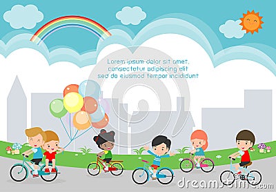 Happy kids on bicycles, Child riding bike, Healthy cycling with kids in park, group of kids biking on background. Vector Illustration