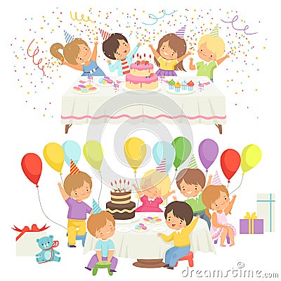 Happy Kids at Birthday Party Set, Cute Boys and Girls Sitting at Festive Table with Cake Vector Illustration Vector Illustration