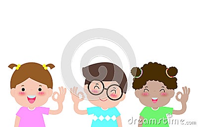 Happy kids boy and girl shows hand okay sign Isolated on white background Vector illustration. Vector Illustration