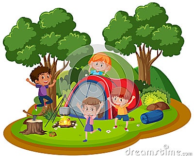 Happy kids camping in the forest Vector Illustration