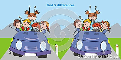 Happy kids at car, find five differences, vector illustration Vector Illustration