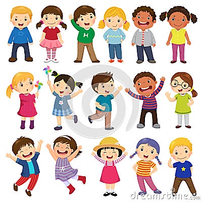Happy kids cartoon collection. Multicultural children in different positions isolated on white background Vector Illustration