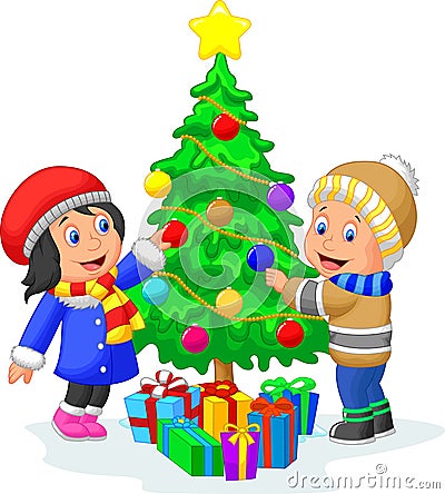 Happy kids cartoon decorating a Christmas tree with balls Vector Illustration