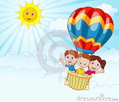 Happy kids cartoon riding a hot air balloon Vector Illustration