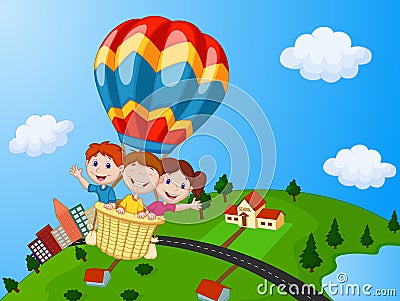 Happy kids cartoon riding a hot air balloon Vector Illustration