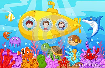 Happy kids cartoon in submarine on the sea Vector Illustration