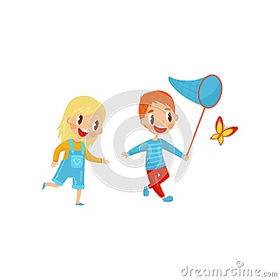 Happy kids catching butterfly. Cute boy and girl. Active summer recreation. Outdoor activity. Flat vector design Vector Illustration