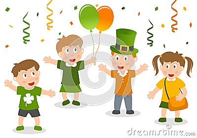 Happy Kids Celebrate St. Patrick`s Day Vector Illustration