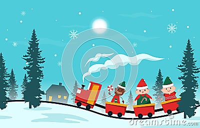 Happy Kids Children Playing Train Winter Christmas Illustration Vector Illustration
