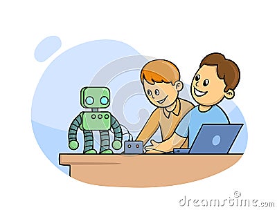 Happy kids in classroom studying robotics, science with cute little robot in front of them. Cartoon vector illustration Vector Illustration