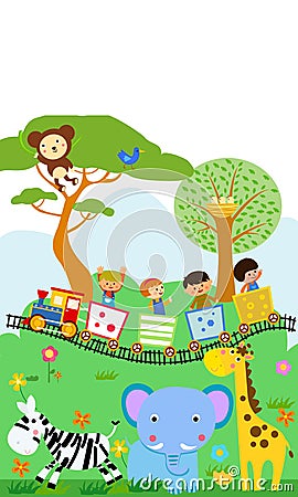 Happy kids on a colorful train with animal Vector Illustration