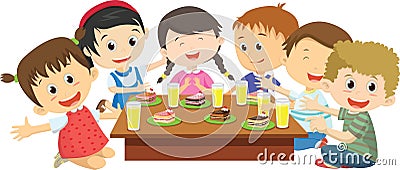 Happy kids eating dinner together on dining table Vector Illustration