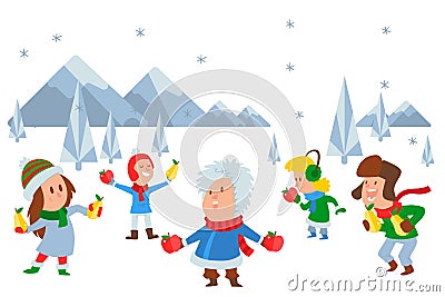 Happy kids enjoy import fruits in cold region, icons vector illustration. Boys and girls character in warm clothes Vector Illustration